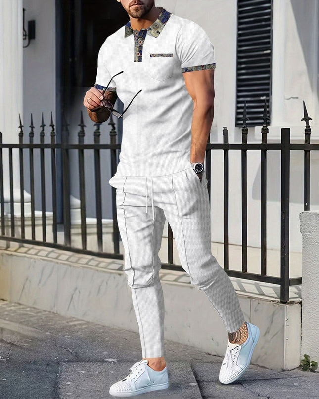 Men's Waffle Lapel Color Matching Pocket Short Sleeve Trousers Suit