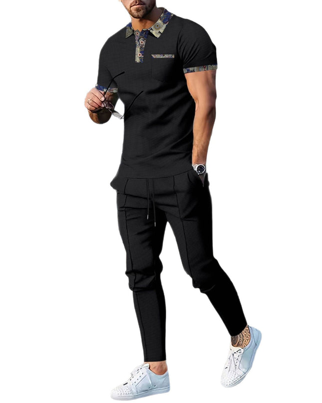 Men's Waffle Lapel Color Matching Pocket Short Sleeve Trousers Suit