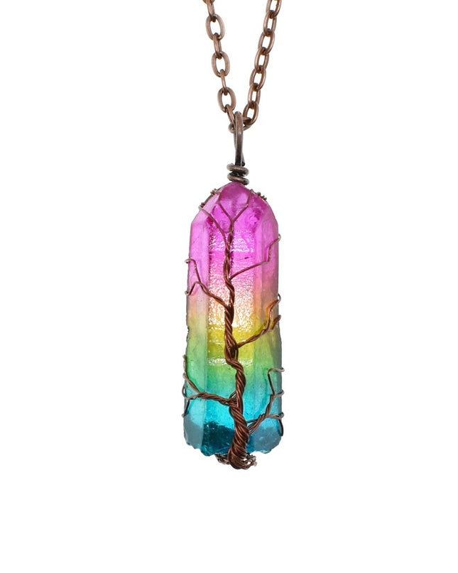 Hot Selling Stone Crystal Pillar Tree Of Life Pendant Ins Fashion Necklace