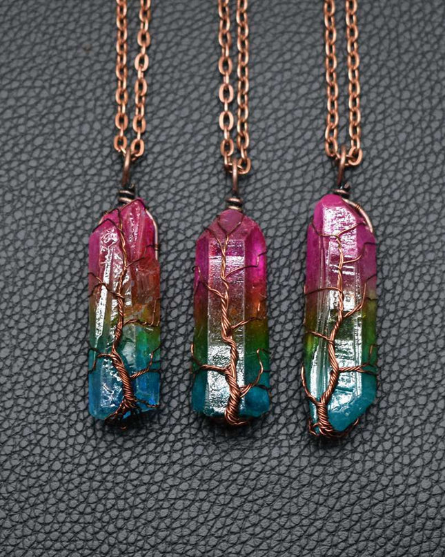 Hot Selling Stone Crystal Pillar Tree Of Life Pendant Ins Fashion Necklace