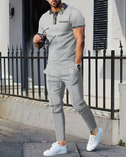 Men's Waffle Lapel Color Matching Pocket Short Sleeve Trousers Suit