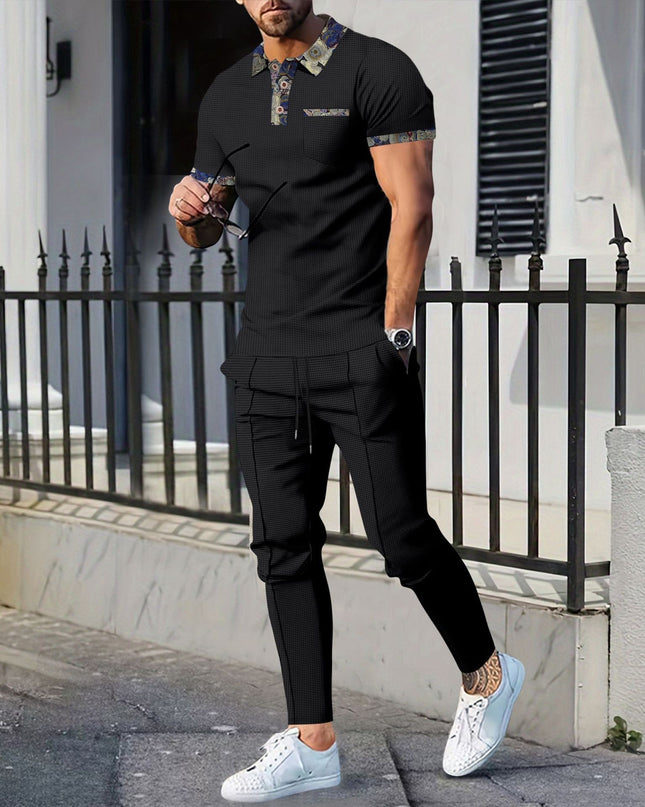 Men's Waffle Lapel Color Matching Pocket Short Sleeve Trousers Suit