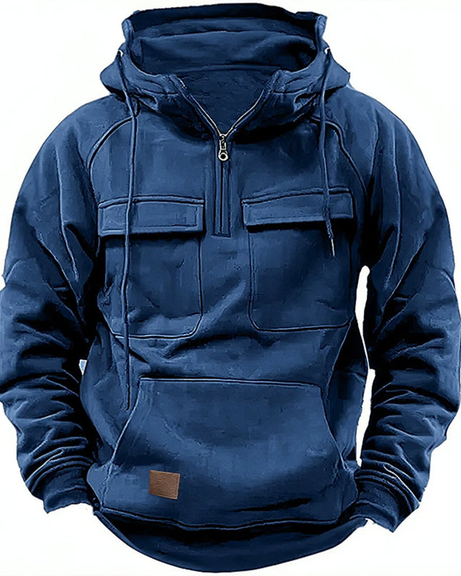 European And American Cross-border Retro Tough Guy New Men's Hooded Sweatshirt Youth Sports Multi-pocket Sticker Motorcycle Solid Color Jacket