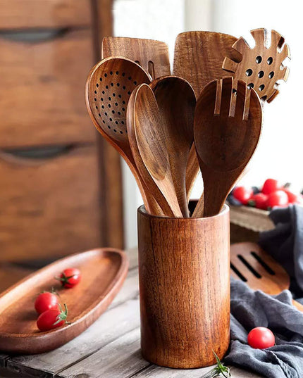 Household Acacia Wood Kitchenware Suit Teak Long Handle Soup Spoon Wooden Colander Non-stick Pan Shovel Wholesale