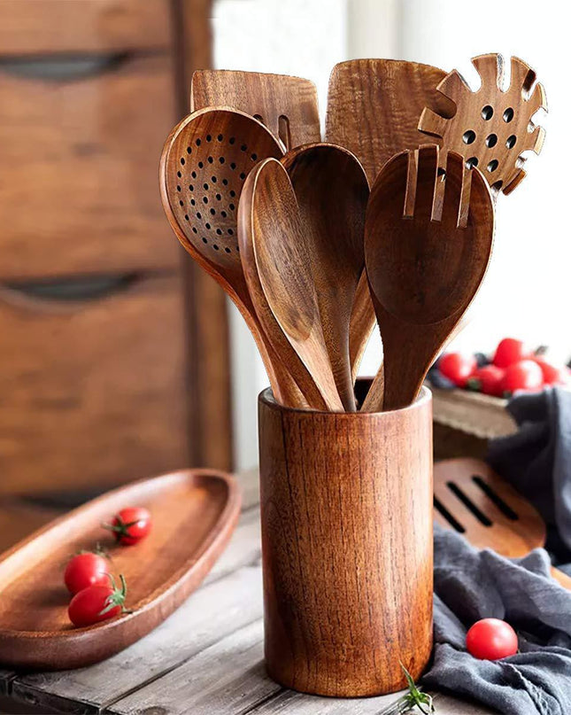 Household Acacia Wood Kitchenware Suit Teak Long Handle Soup Spoon Wooden Colander Non-stick Pan Shovel Wholesale