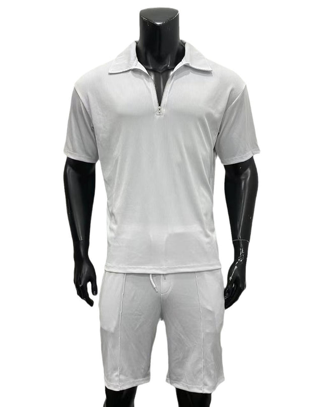 Men's Clothing European And American New Zipper Polo Casual Short-Sleeved Drawstring Shorts Men's Suit