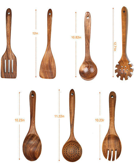 Household Acacia Wood Kitchenware Suit Teak Long Handle Soup Spoon Wooden Colander Non-stick Pan Shovel Wholesale