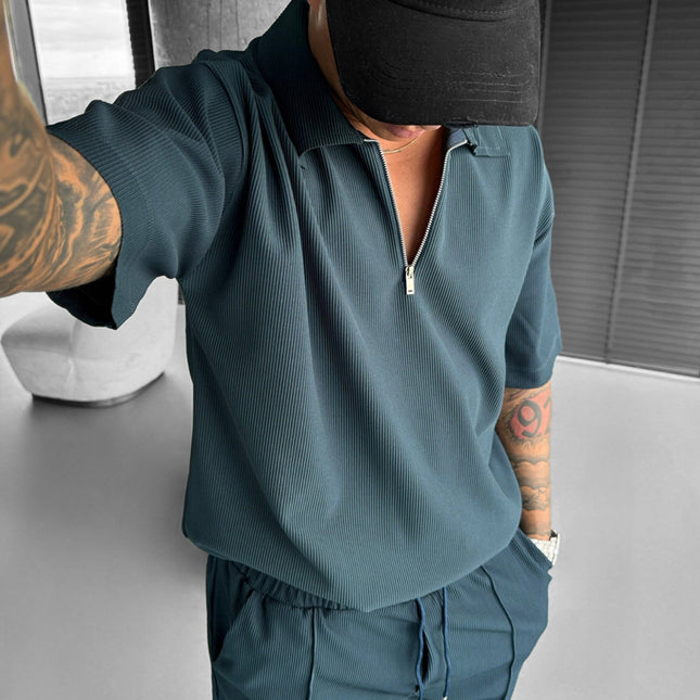 Men's Clothing European And American New Zipper Polo Casual Short-Sleeved Drawstring Shorts Men's Suit