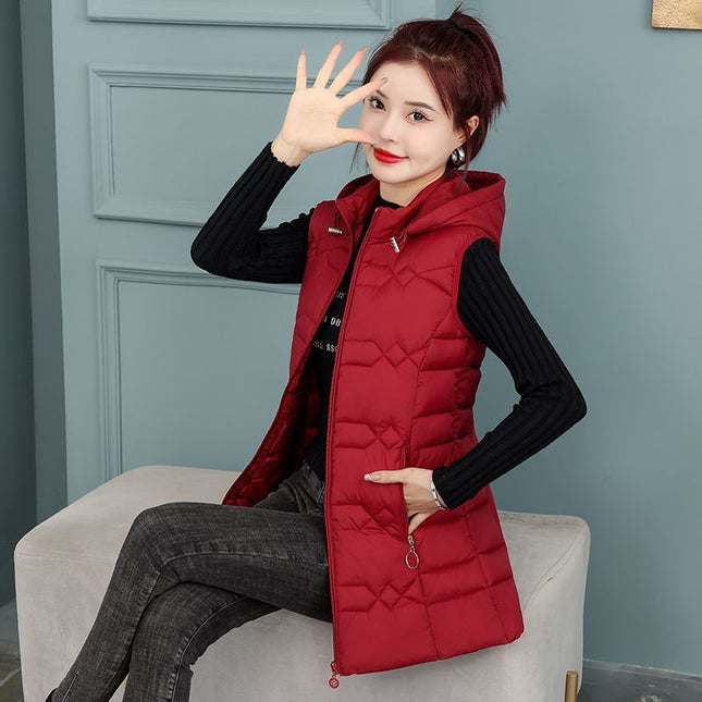 Winter Cotton-padded Jacket Women's New Mid-length Middle-aged Western-style Lightweight Hooded Vest Slim-fit Slimming Vest Coat