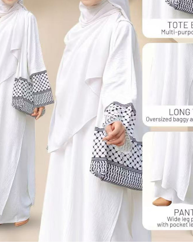 In Stock 2025 New Three-Piece Set Muslim Southeast Asian Solid Color Cotton Linen Wrinkle Fashionable Loose Plus Size Robe