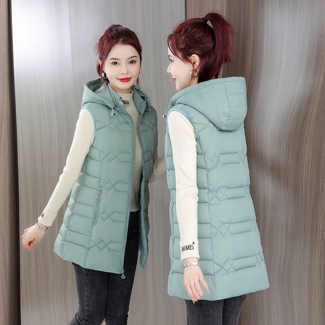 Winter Cotton-padded Jacket Women's New Mid-length Middle-aged Western-style Lightweight Hooded Vest Slim-fit Slimming Vest Coat