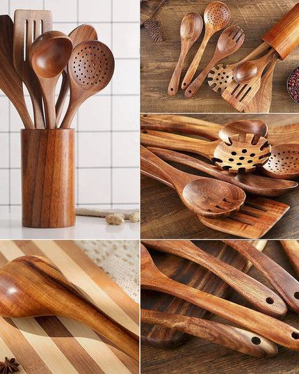 Household Acacia Wood Kitchenware Suit Teak Long Handle Soup Spoon Wooden Colander Non-stick Pan Shovel Wholesale