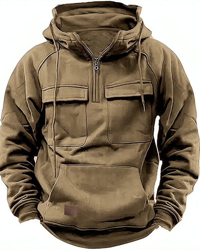 European And American Cross-border Retro Tough Guy New Men's Hooded Sweatshirt Youth Sports Multi-pocket Sticker Motorcycle Solid Color Jacket