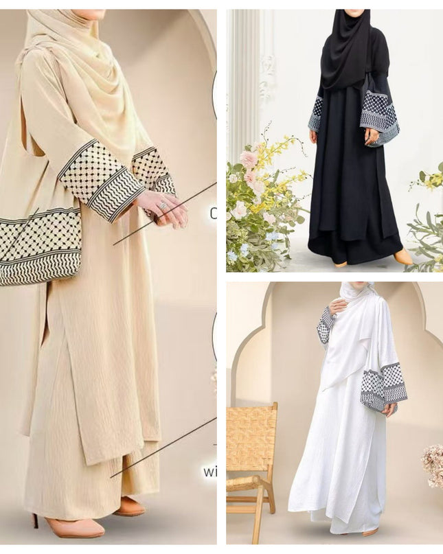 In Stock 2025 New Three-Piece Set Muslim Southeast Asian Solid Color Cotton Linen Wrinkle Fashionable Loose Plus Size Robe