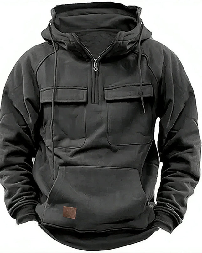 European And American Cross-border Retro Tough Guy New Men's Hooded Sweatshirt Youth Sports Multi-pocket Sticker Motorcycle Solid Color Jacket