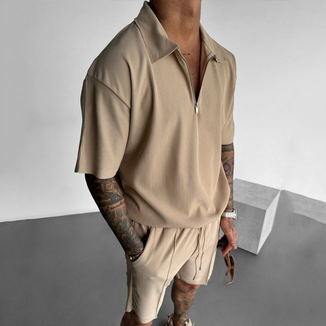 Men's Clothing European And American New Zipper Polo Casual Short-Sleeved Drawstring Shorts Men's Suit