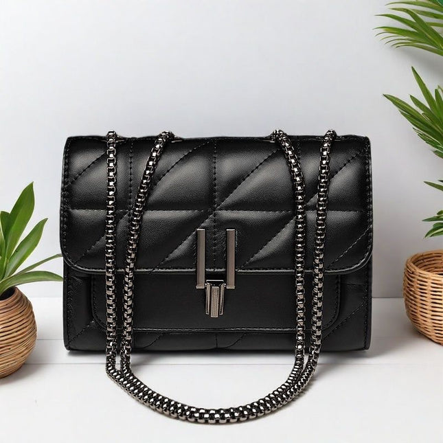 Embroidered Chain Lock Shoulder Bag