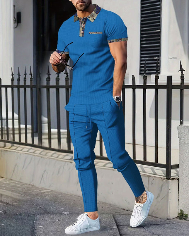 Men's Waffle Lapel Color Matching Pocket Short Sleeve Trousers Suit