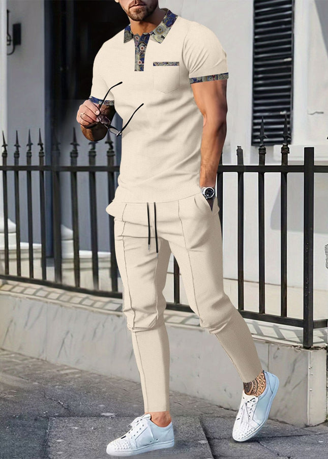 Men's Waffle Lapel Color Matching Pocket Short Sleeve Trousers Suit