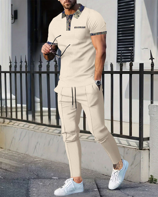 Men's Waffle Lapel Color Matching Pocket Short Sleeve Trousers Suit